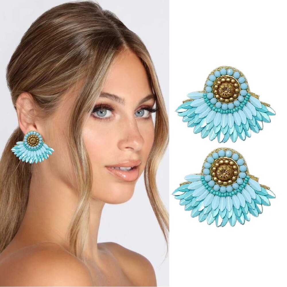 NEW Boho Glam Flat Sequin Wing Beaded Medallion India Designer Artisan Earrings